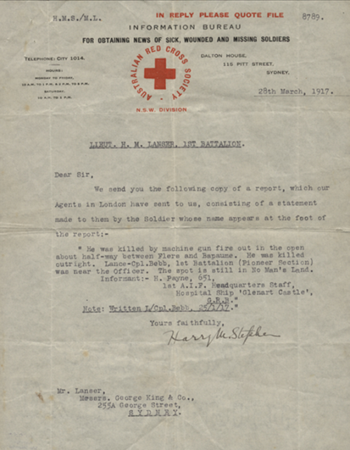 Письмо Информационного бюро Австралийского Красного Креста об обстоятельствах смерти младшего лейтенанта Генри Миллера Лансера.