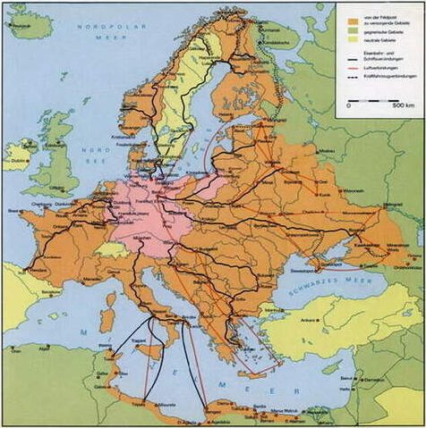 Карта маршрутов, использовавшихся немецкой военно-полевой почтой в ходе войны. Сплошным чёрным цветом показаны морские и железнодорожные пути, пунктиром - автомобильные дороги, оранжевым - воздушные перевозки.