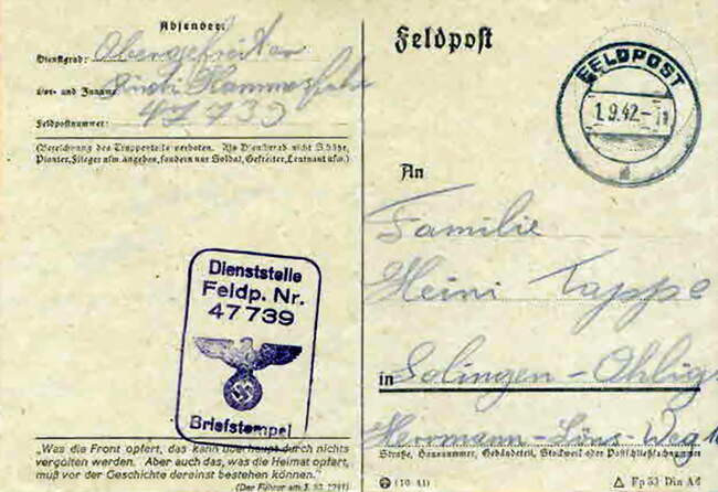 Пятизначный номер полевой почты на немецкой почтовой карточке.