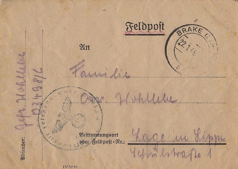 Немецкий конверт полевой почты 1944 года с кодовым номером батальона 03498/L.