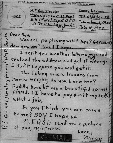 Письмо V-mail, написанное в июле 1943 г.