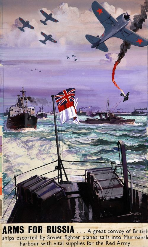 Британский плакат «Оружие для России — Большой британский конвой в сопровождении советских истребителей идёт в Мурманск».
